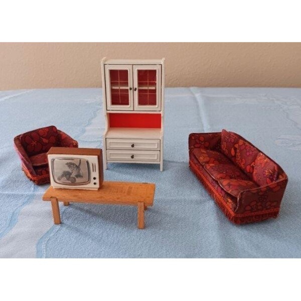 Vintage 60s Lundby Livingroom Set Sofa Chair TV Table Hutch Furniture